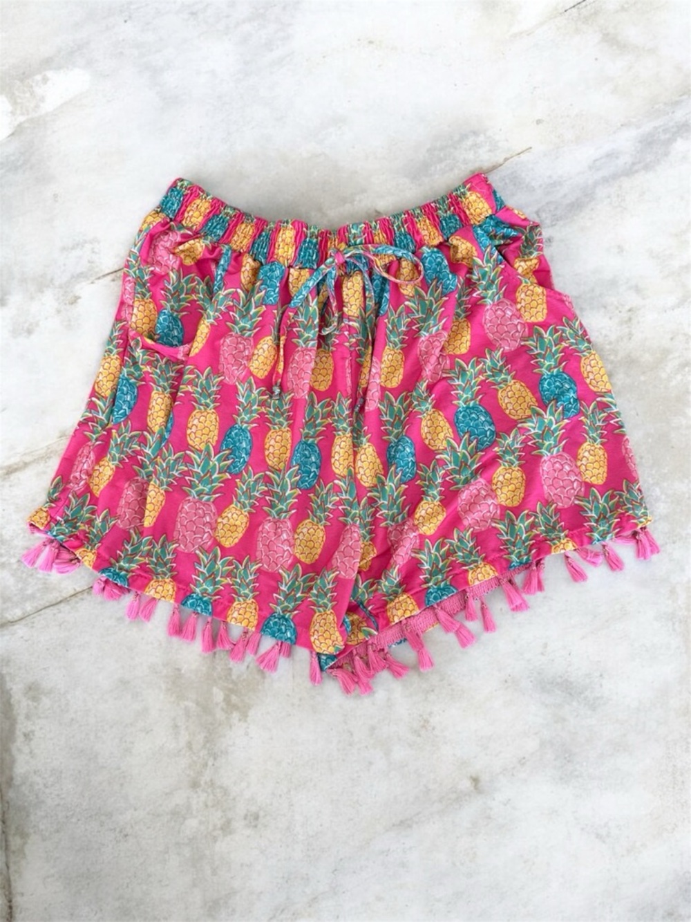 Simply Southern Pink Pineapple Tassel High-Waist Shorts